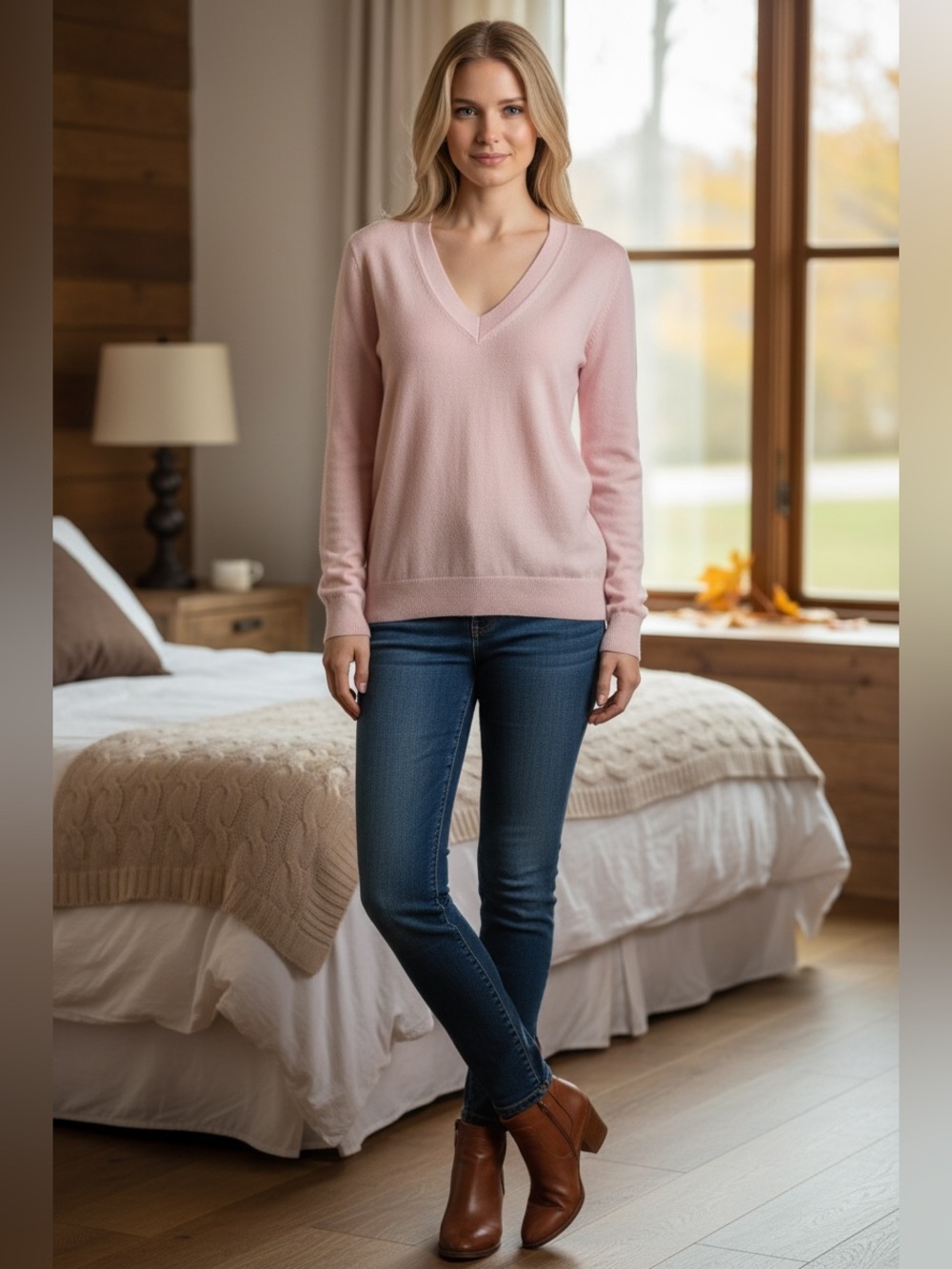 Quince Lightweight Cotton Cashmere V-Neck Sweater Sugar Stone Pink Sz L NWOT